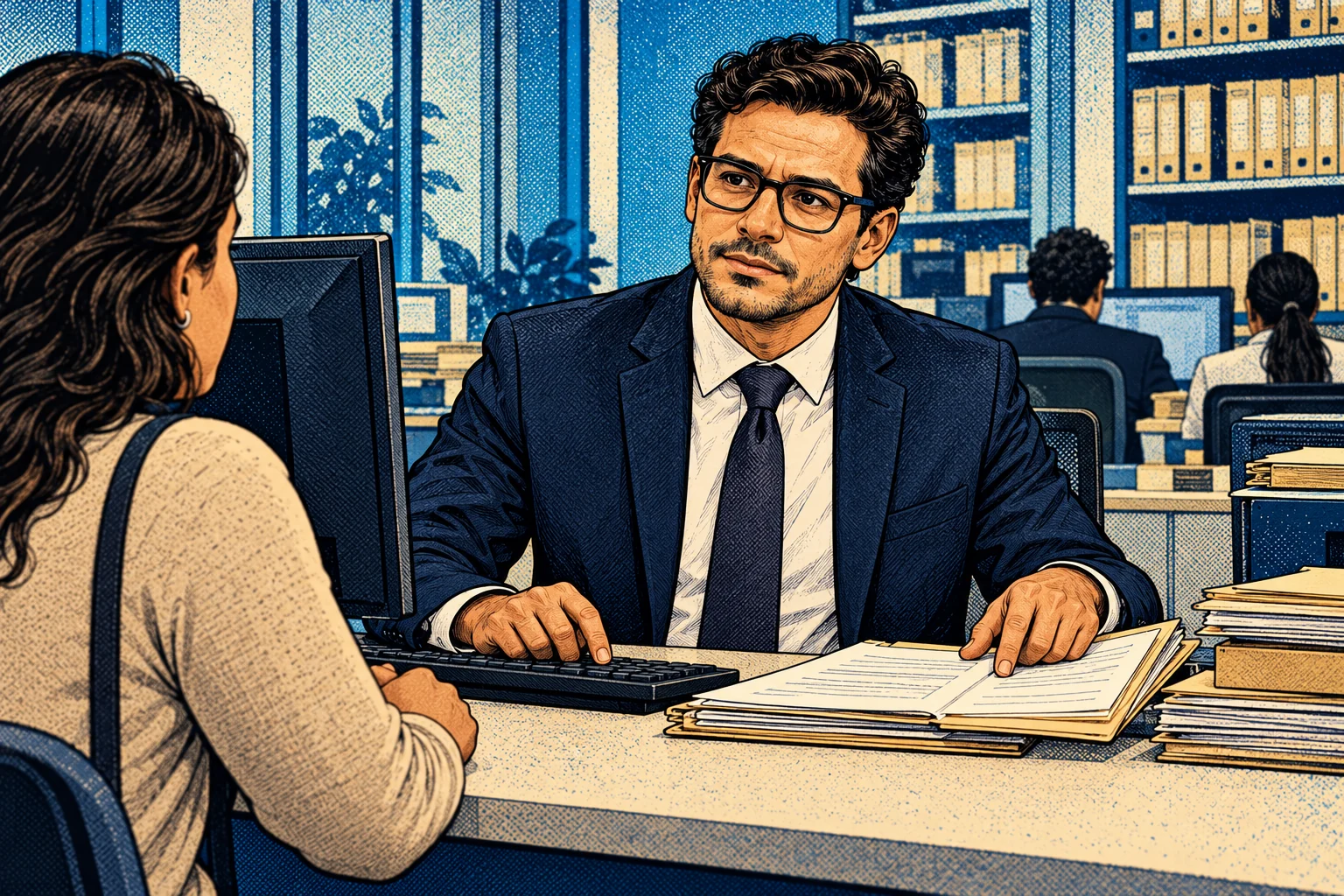 Escrevente atende uma cidadã no cartório judicial, consultando o processo e o computador, em ilustração de quadrinhos