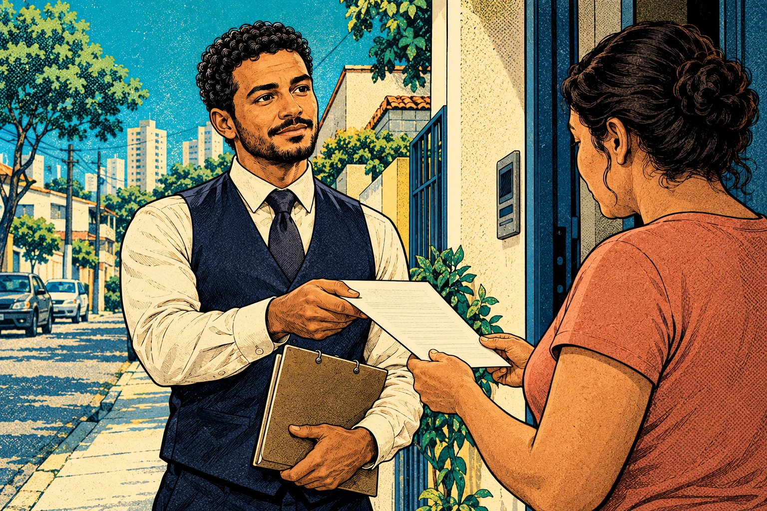 Oficial de Justiça entrega um documento judicial e orienta uma moradora à porta de casa, em ilustração de quadrinhos