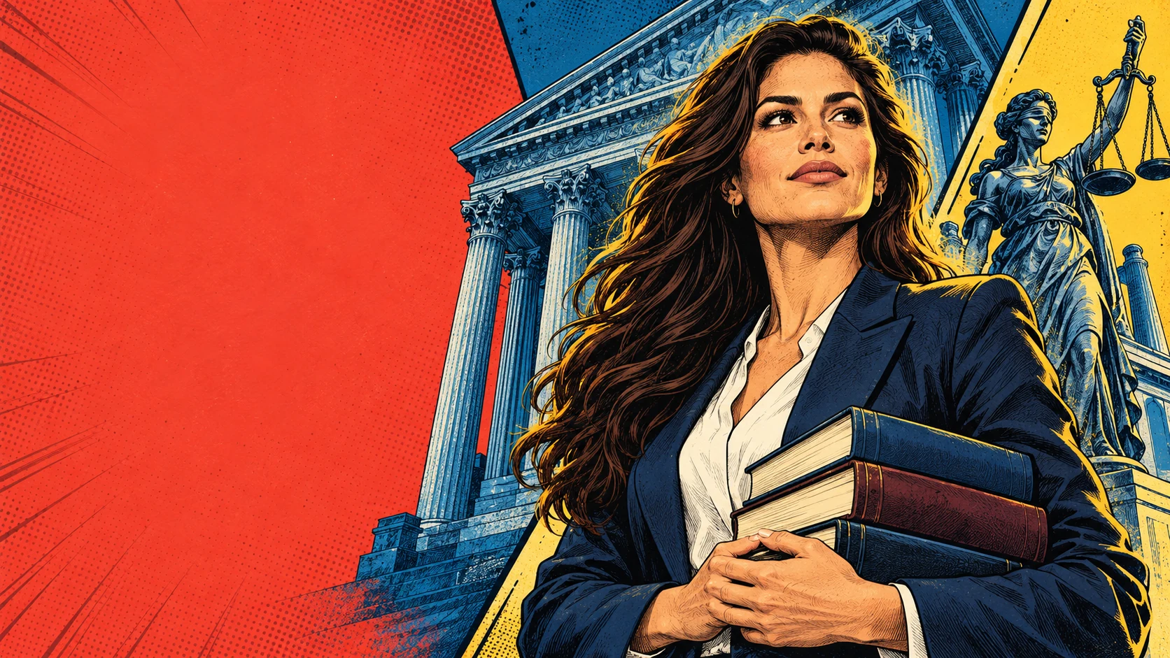 Ilustração em quadrinhos de uma estudante com livros, diante de um tribunal e da balança da Justiça